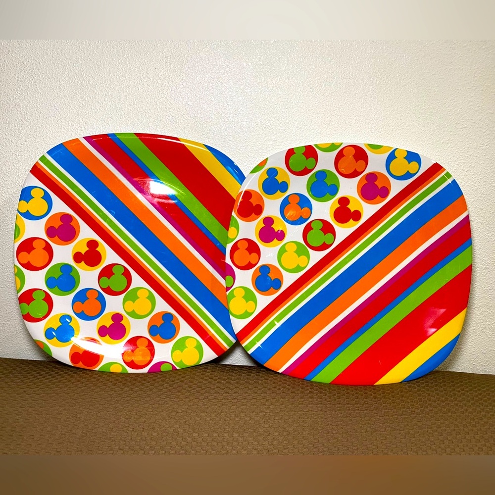 Disney Parks Square Melamine Plate Plates Mickey Stripe Rainbow Colors USED x 2